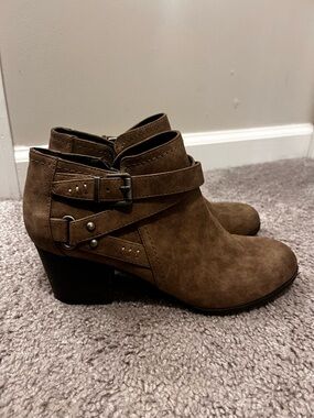 Indigo Chestnut Brown Suede Ankle Booties with Buckle Straps